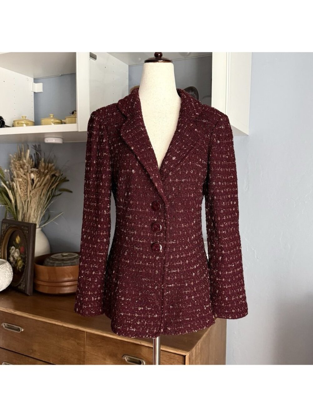 St John Burgundy Metallic Tweed Knit Blazer Jacket